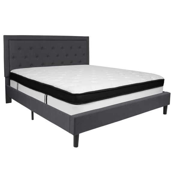 Flash Furniture Roxbury King Size Tufted Upholstered Platform Bed in Dark Gray Fabric with Memory Foam Mattress