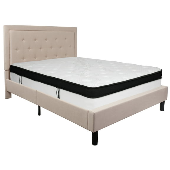 Flash Furniture Roxbury Queen Size Tufted Upholstered Platform Bed in Beige Fabric with Memory Foam Mattress