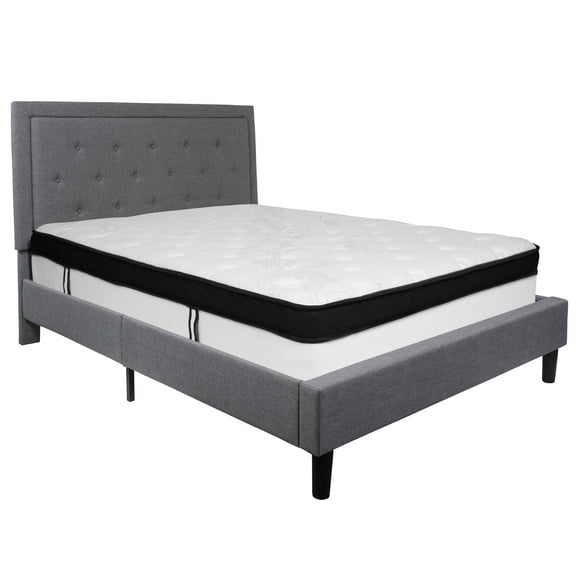 Flash Furniture Roxbury Queen Size Tufted Upholstered Platform Bed in Light Gray Fabric with Memory Foam Mattress