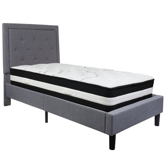 Flash Furniture Roxbury Twin Size Tufted Upholstered Platform Bed in Light Gray Fabric with Pocket Spring Mattress