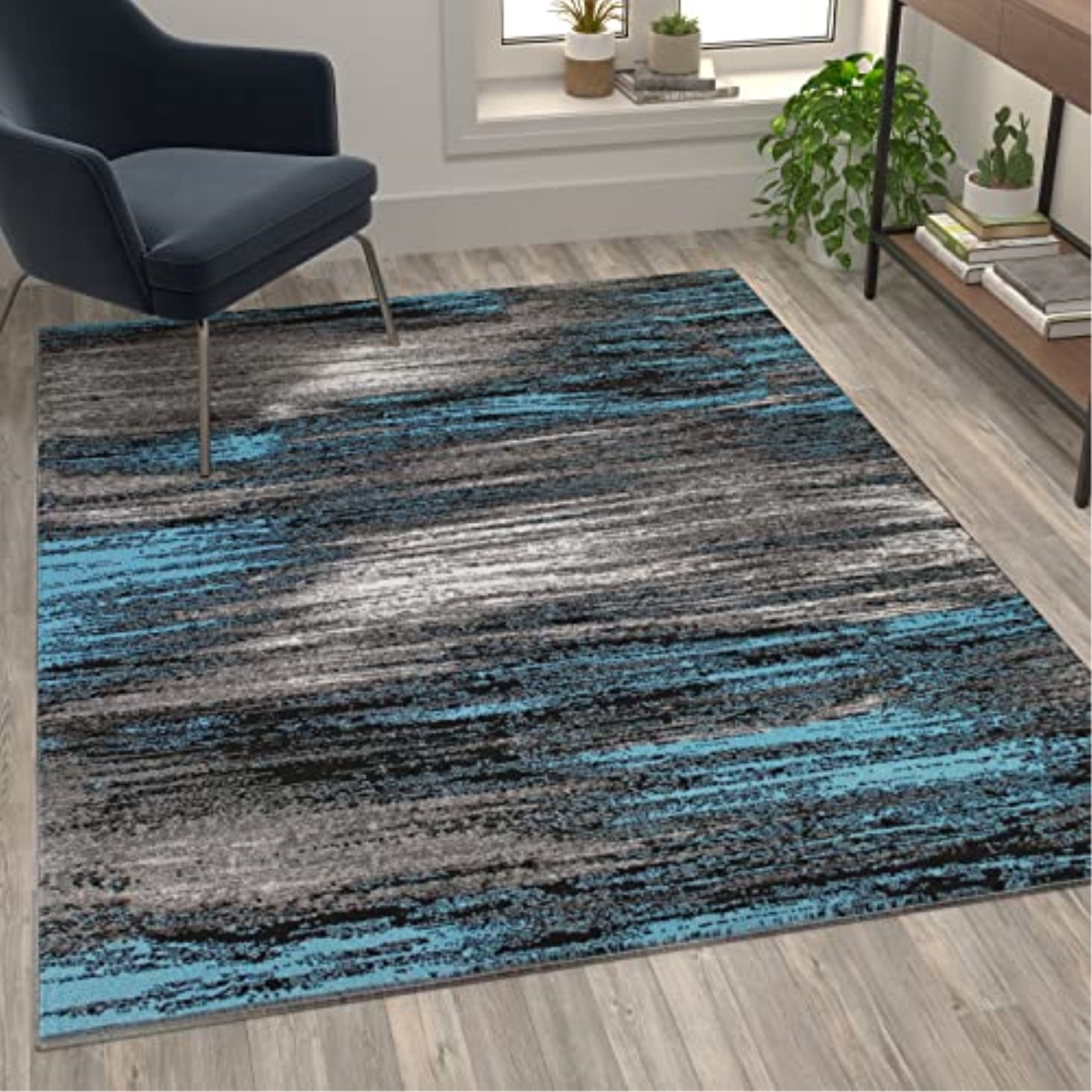 Flash Furniture Rylan Rectangular Contemporary Grey, Blue Area Rug, 5' x 7'