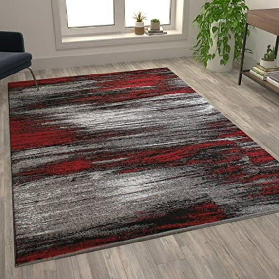 Flash Furniture Rylan Rectangular Contemporary Grey, Red Area Rug, 6' x 9'