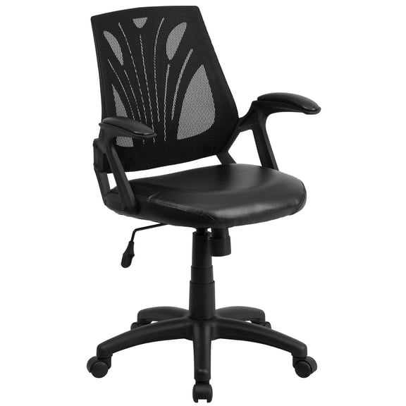 Flash Furniture Sam Mid-Back Designer Black Mesh Swivel Task Office Chair with LeatherSoft Seat and Open Arms