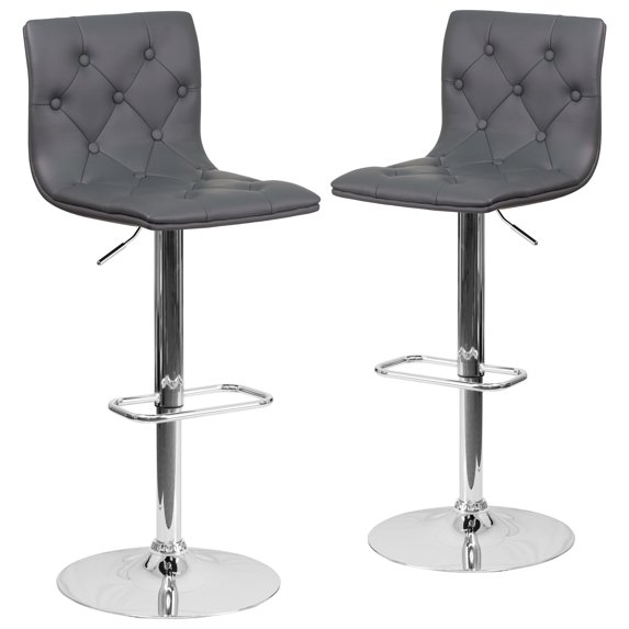 Flash Furniture Sammie 2 Pack Contemporary Button Tufted Gray Vinyl Adjustable Height Barstool with Chrome Base