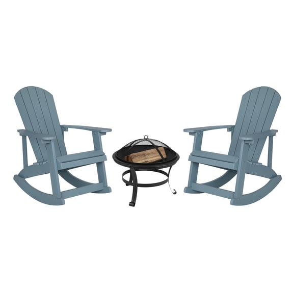 Flash Furniture Savannah 3 Pcs Iron Wood Burning Fire Pit Set with Rocking Patio Chairs, Sea Foam