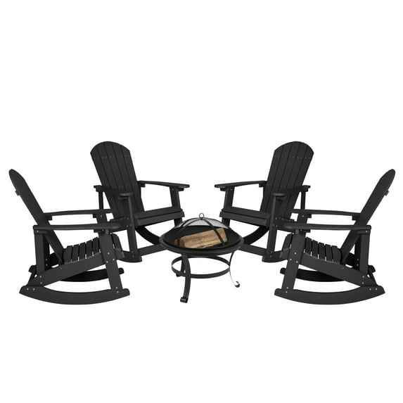 Flash Furniture Savannah 5 Pcs Iron Wood Burning Fire Pit Set with Rocking Patio Chairs, Black