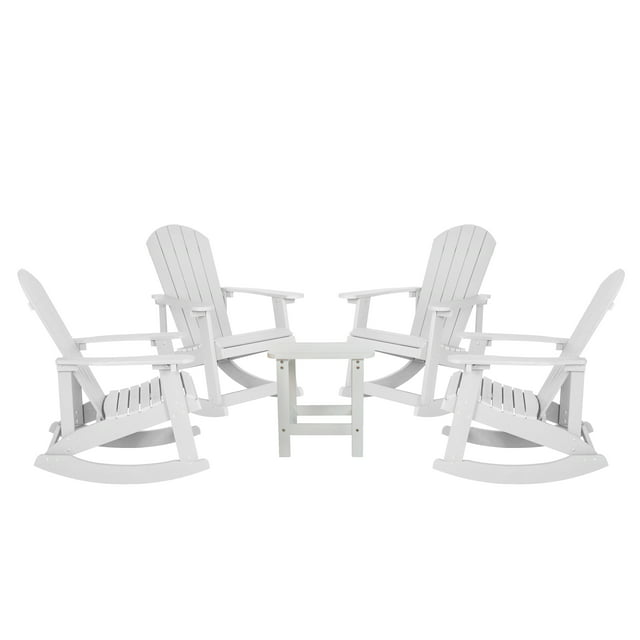 Flash Furniture Savannah 5-Piece Poly Resin Rocking Patio Chair and Side Table Set, White