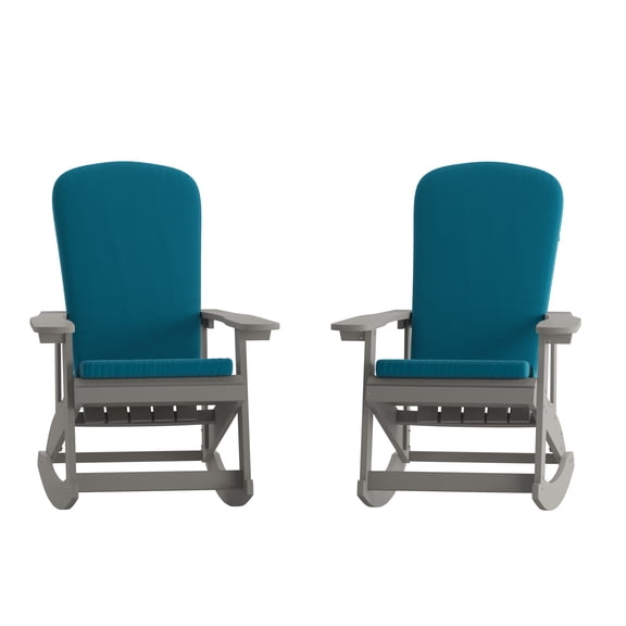 Flash Furniture Savannah Set of 2 All-Weather Poly Resin Wood Adirondack Rocking Chairs in Gray with Teal Cushions for Deck, Porch, and Patio