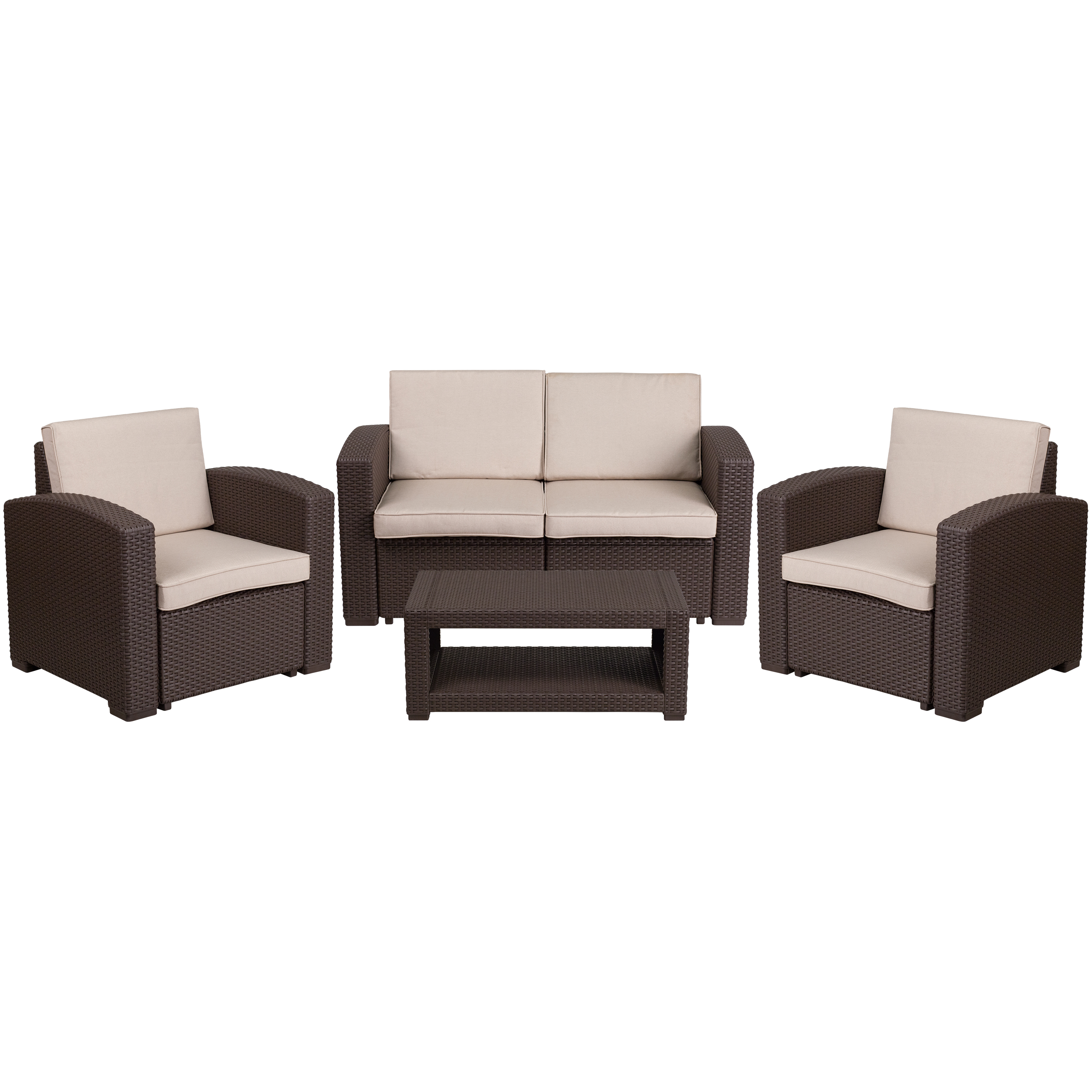 Flash Furniture Seneca 4 Piece Outdoor Faux Rattan Chair, Loveseat and Table Set in Seneca Chocolate Brown - image 1 of 5