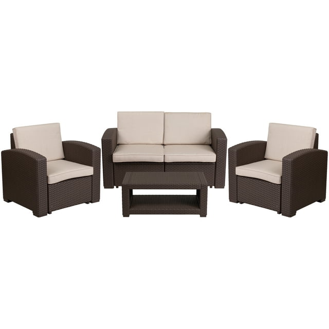 Flash Furniture Seneca 4 Piece Outdoor Faux Rattan Chair, Loveseat and Table Set in Seneca Chocolate Brown
