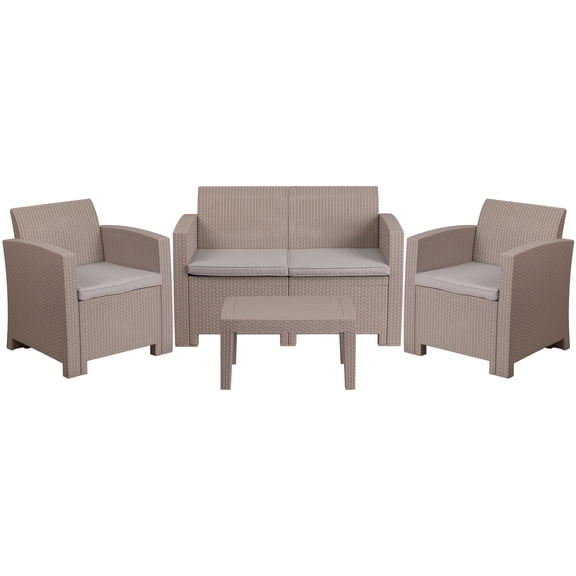 Flash Furniture Seneca 4 Piece Outdoor Faux Rattan Chair, Loveseat and Table Set in Seneca Light Gray