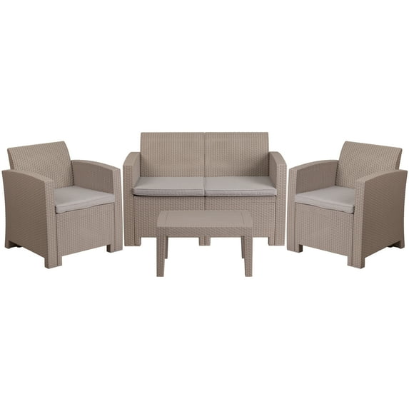 Flash Furniture Seneca 4 Piece Outdoor Faux Rattan Chair, Loveseat and Table Set in Seneca Light Gray