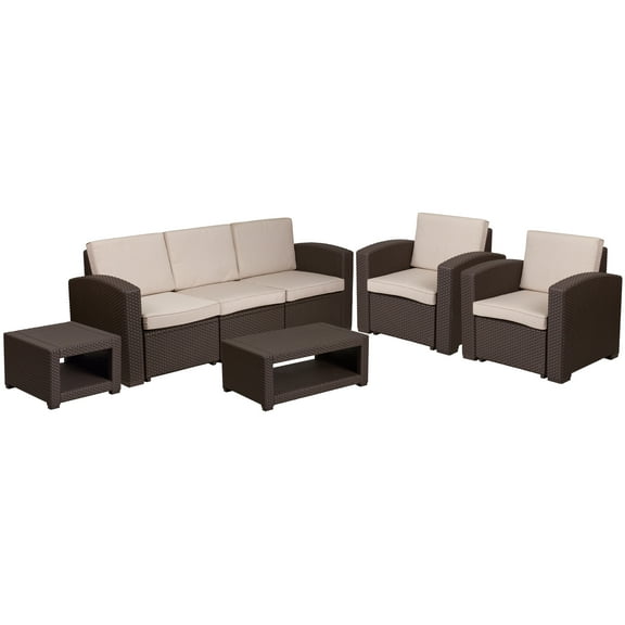 Flash Furniture Seneca 5 Piece Outdoor Faux Rattan Chair, Sofa and Table Set in Seneca Chocolate Brown