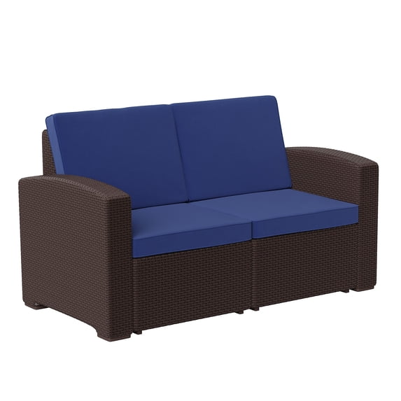 Flash Furniture Seneca Brown Faux Rattan Loveseat with All-Weather Navy Cushions
