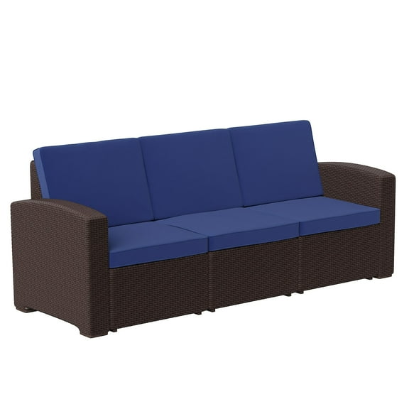 Flash Furniture Seneca Brown Faux Rattan Sofa with All-Weather Navy Cushions