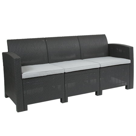 Flash Furniture Seneca Dark Gray Faux Rattan Sofa with All-Weather Seneca Light Gray Cushions