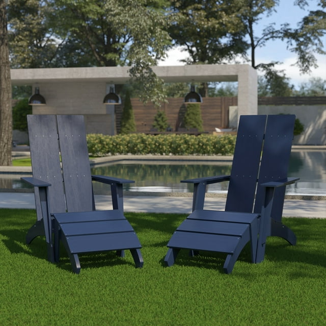 Flash Furniture Set of 2 Indoor/Outdoor 2-Slat Adirondack Style Chairs & Footrests in Gray Navy