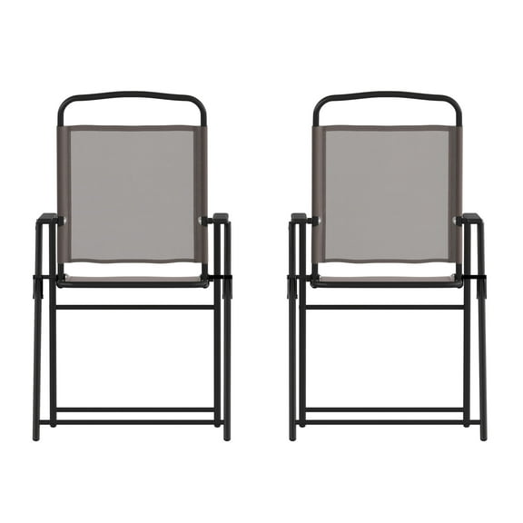 Flash Furniture Set of 2 Mystic Folding Patio Sling Chairs, Outdoor Textilene Lawn Chairs with Armrests in Brown