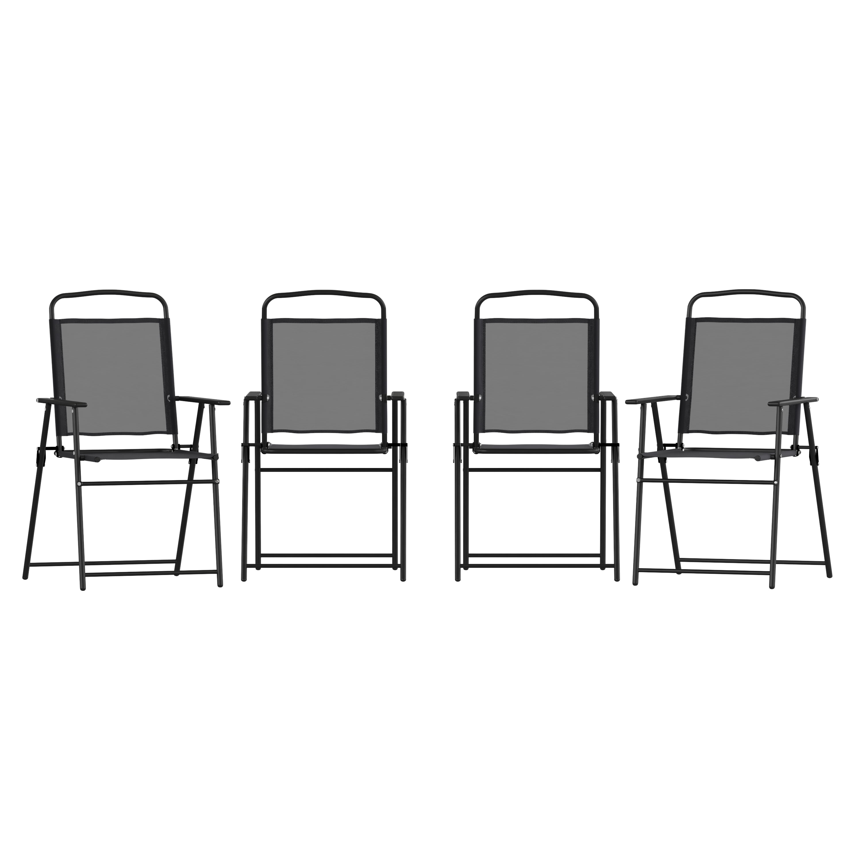 Set of 4 Black Folding Patio Sling Chairs with Armrests