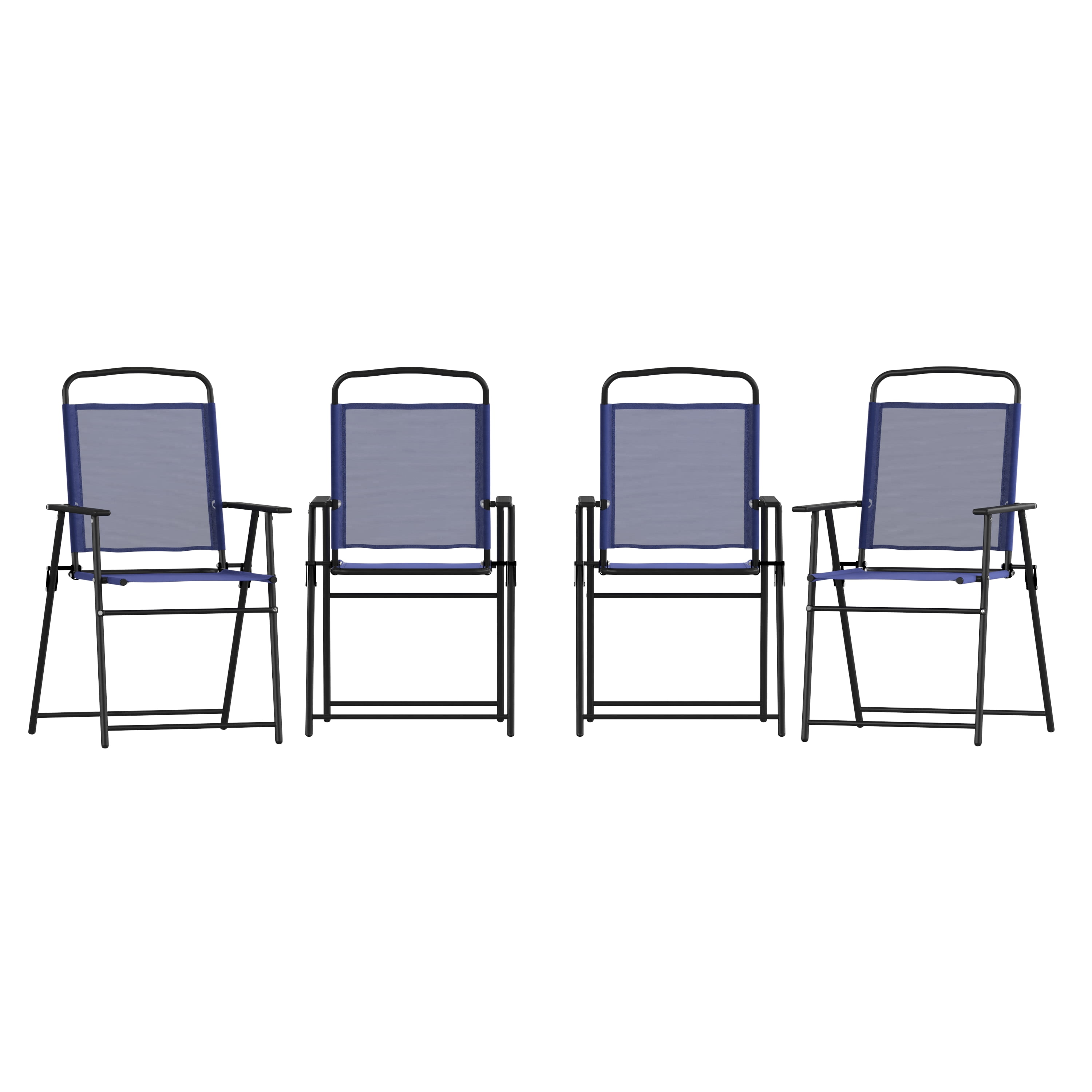 Flash Furniture Set of 4 Mystic Folding Patio Sling Chairs, Outdoor Textilene Lawn Chairs with Armrests in Navy