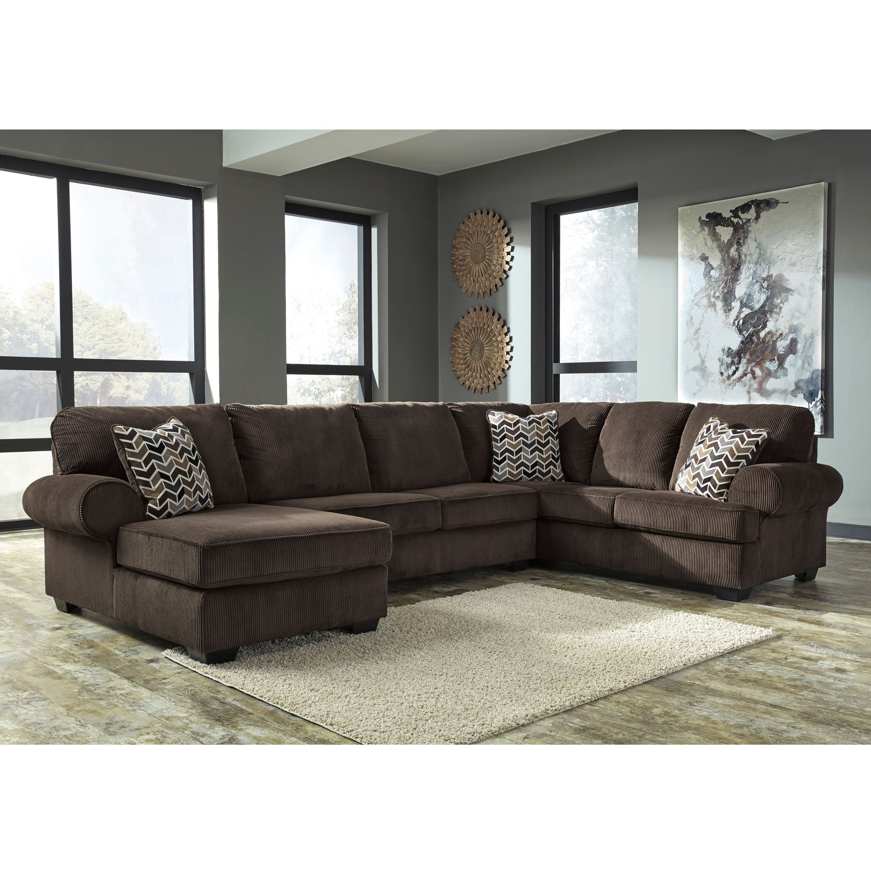 Flash Furniture Signature Design by Ashley Jinllingsly 3 Piece RAF Sofa Sectional in Chocolate Corduroy
