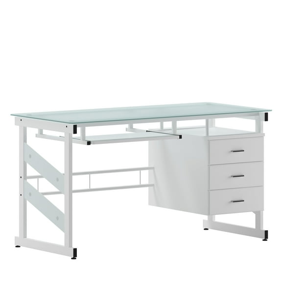 Flash Furniture Singleton White Computer Desk with Frosted Glass Top and Three Drawer Pedestal