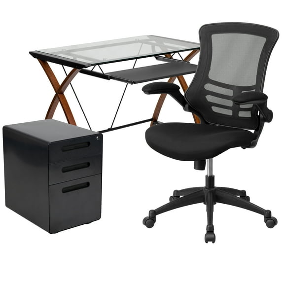 Flash Furniture Stiles Work From Home Kit - Glass Desk with Keyboard Tray, Ergonomic Mesh Office Chair and Filing Cabinet with Lock & Inset Handles