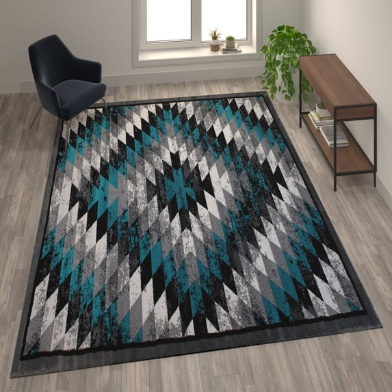 Flash Furniture Teagan Rectangular Southwestern Black, Grey, Turquoise Area Rug, 5' x 7'