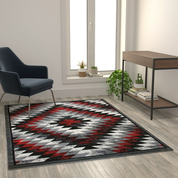 Flash Furniture Teagan Rectangular Southwestern Grey, Black, Red Area Rug, 5' x 7'