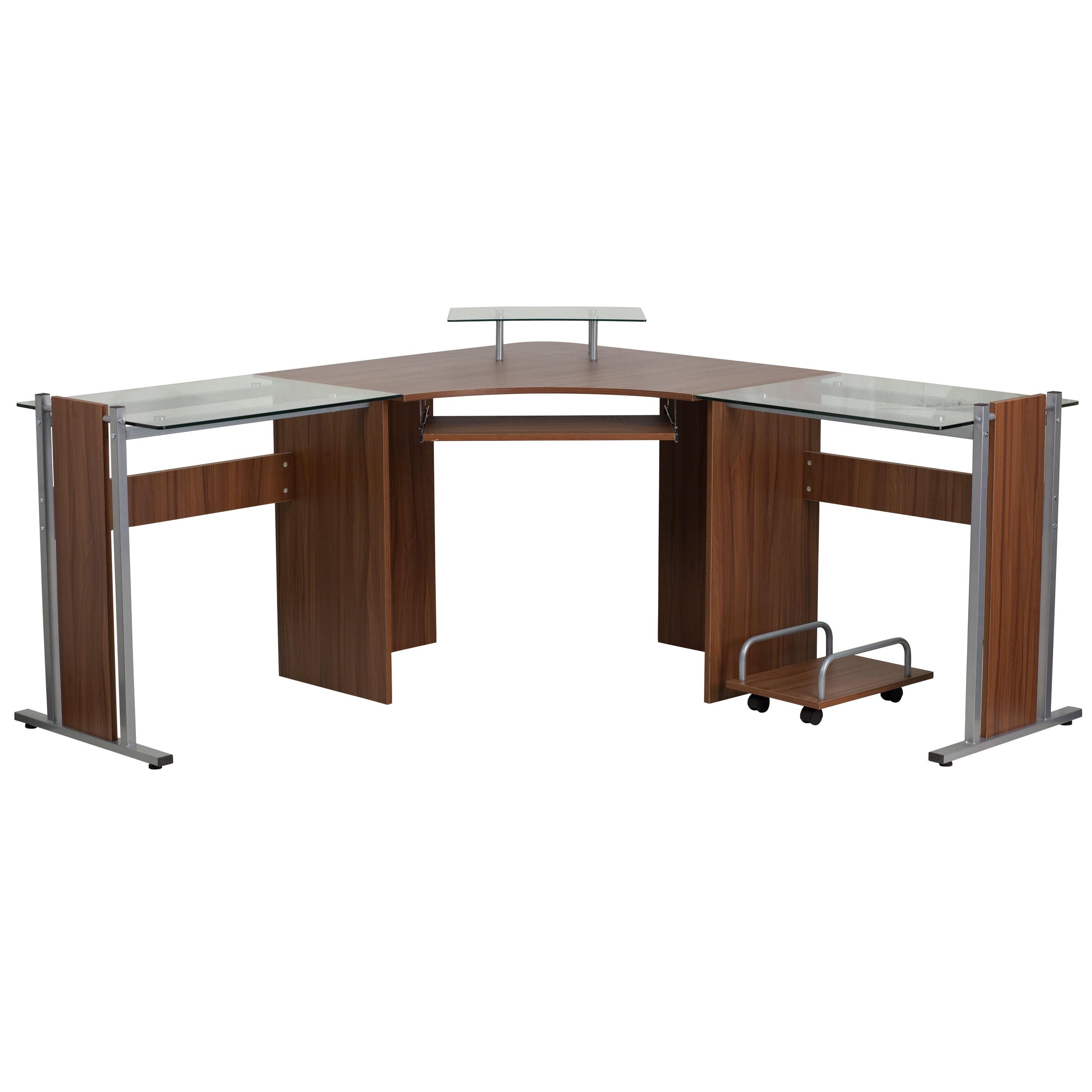 Maple and Glass Corner Desk with Keyboard Tray and CPU Cart