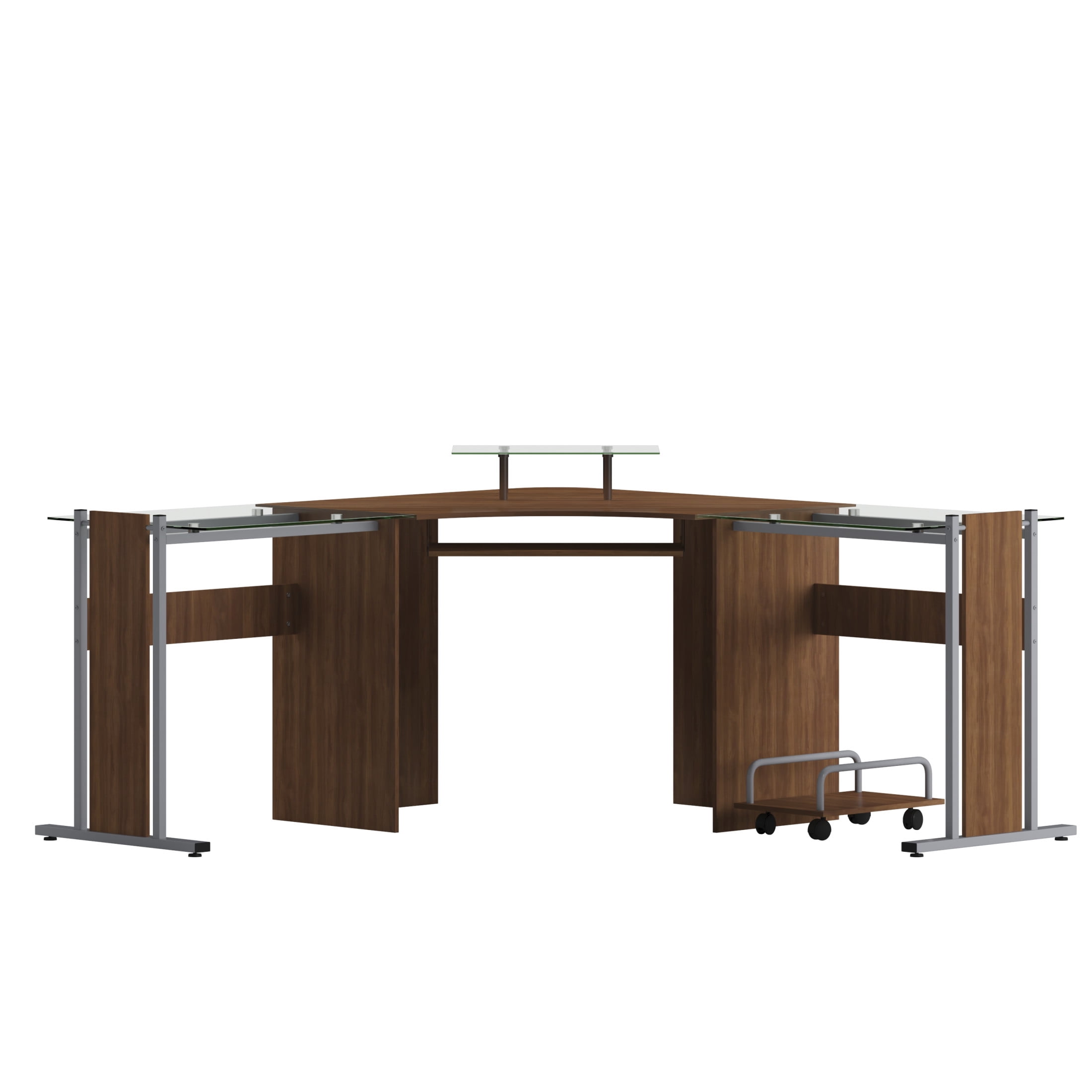 Maple and Glass Corner Desk with Keyboard Tray and CPU Cart