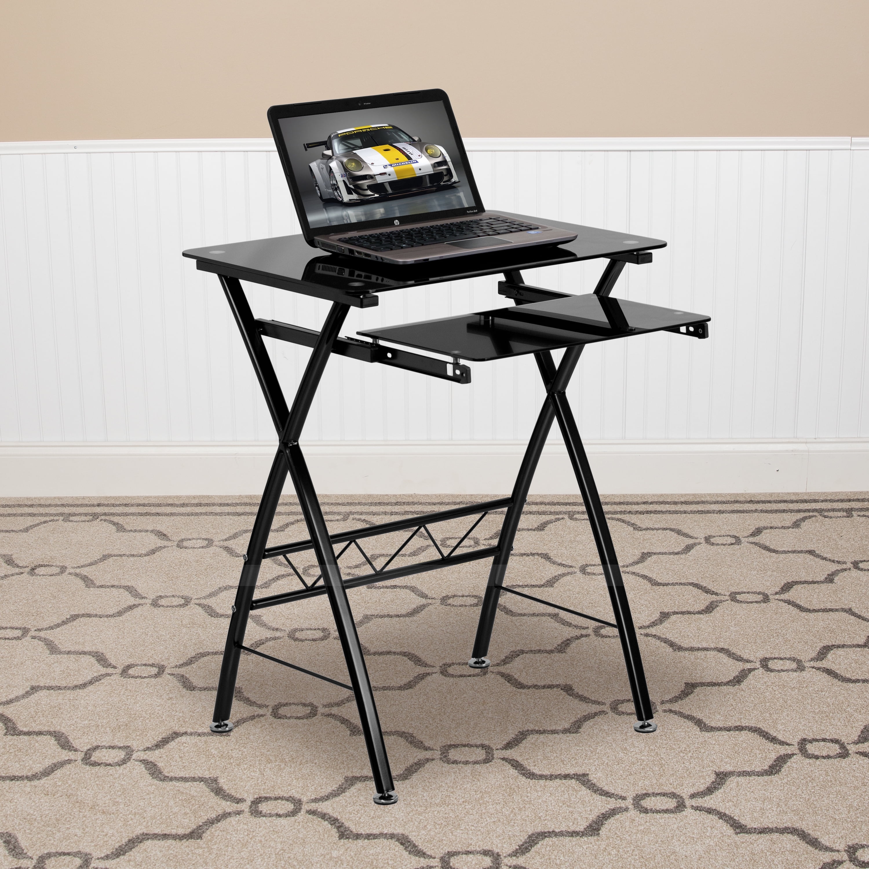 Black tempered glass computer desk discount