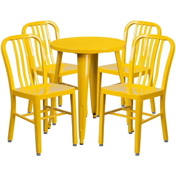 Flash Furniture Thomas Commercial Grade 24" Round Yellow Metal Indoor-Outdoor Table Set with 4 Vertical Slat Back Chairs