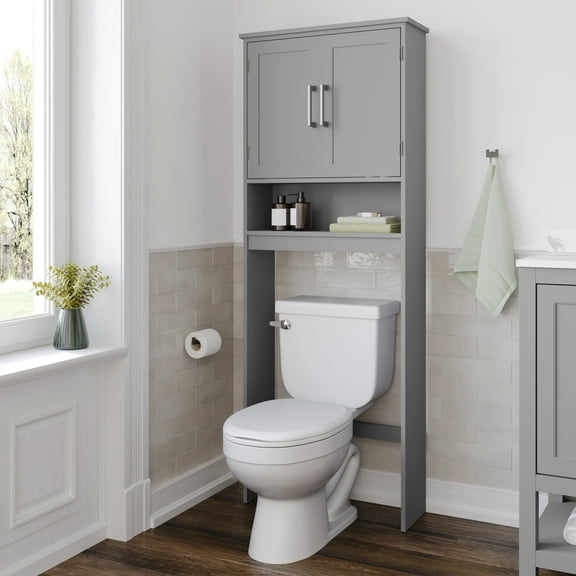 Flash Furniture Over the Toilet Bathroom Storage Cabinet Organizer with 2 Magnetic Closure Doors, Adjustable Cabinet Shelf, and Open Lower Shelf in Gray