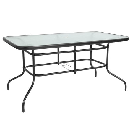 Flash Furniture Tory 31.5" x 55" Rectangular Tempered Glass Metal Table with Umbrella Hole