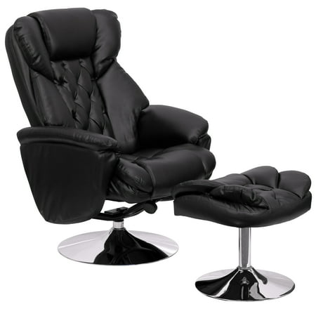 Flash Furniture Wills Transitional Multi-Position Recliner and Ottoman with Chrome Base in Black LeatherSoft