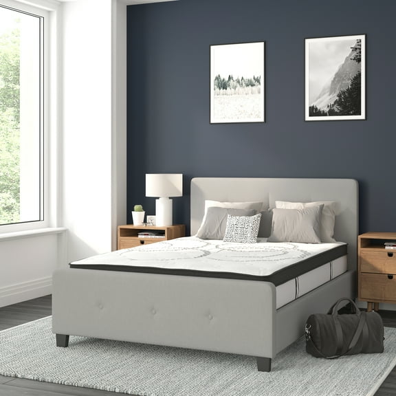 Flash Furniture Tribeca Full Size Tufted Upholstered Platform Bed in Light Gray Fabric with 10 Inch CertiPUR-US Certified Pocket Spring Mattress