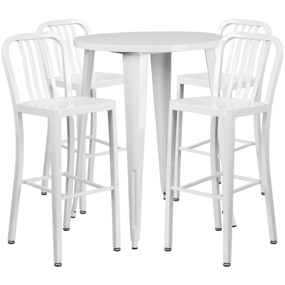 Flash Furniture Tristan Commercial Grade 30" Round White Metal Indoor-Outdoor Bar Table Set with 4 Vertical Slat Back Stools