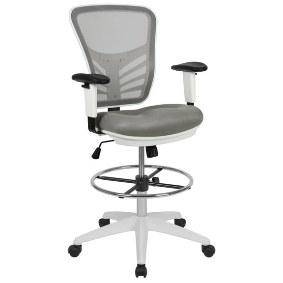 Flash Furniture Tyler Mid-Back Light Gray Mesh Ergonomic Drafting Chair with Adjustable Chrome Foot Ring, Adjustable Arms and White Frame