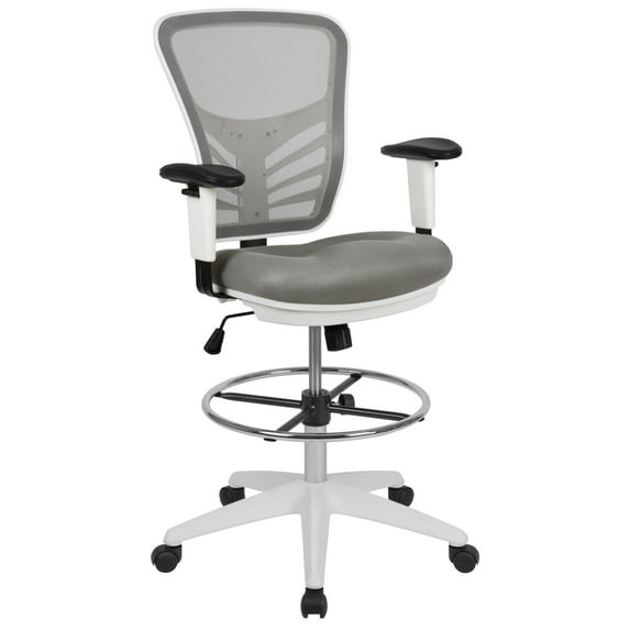Flash Furniture Tyler Mid-Back Light Gray Mesh Ergonomic Drafting Chair with Adjustable Chrome Foot Ring, Adjustable Arms and White Frame
