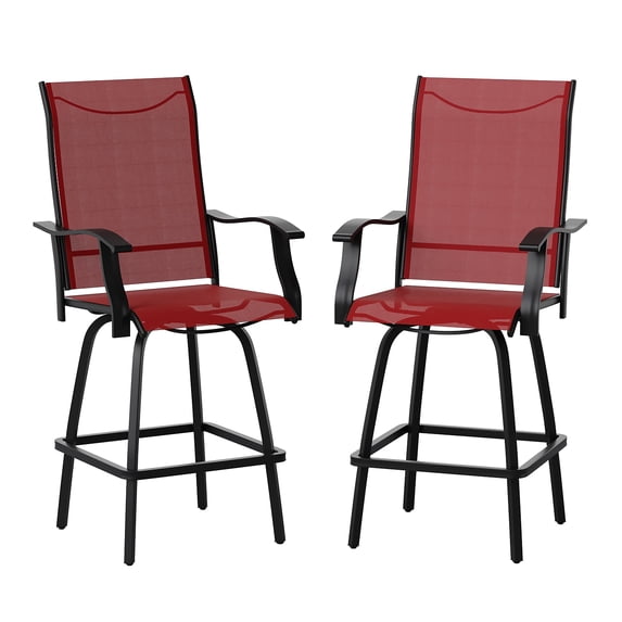 Flash Furniture Patio Bar Height Stools Set of 2, All-Weather Textilene Swivel Patio Stools with High Back & Armrests in Red
