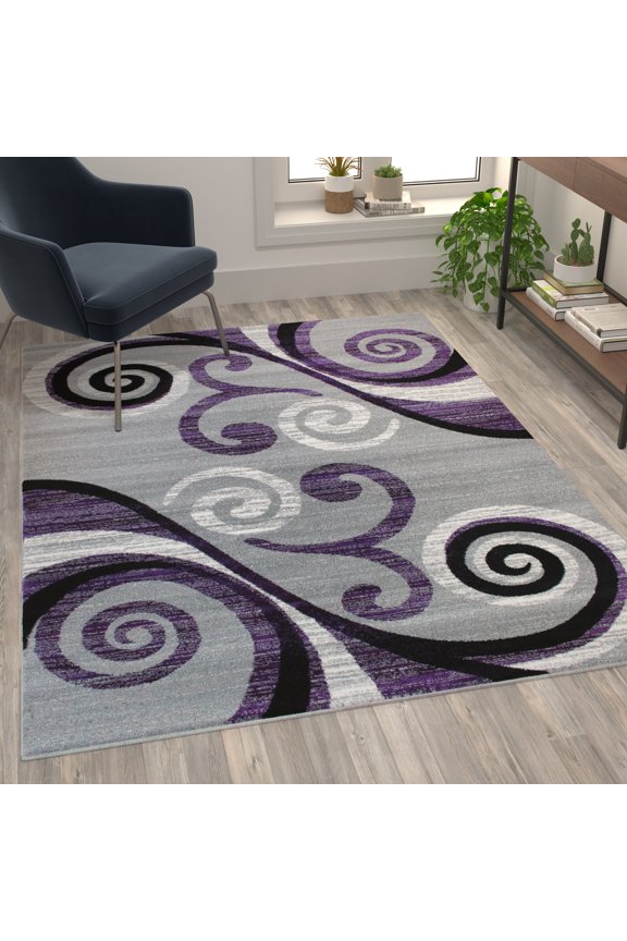 Valli Rectangular Contemporary Black, Grey, Purple Area Rug, 5' x 7'