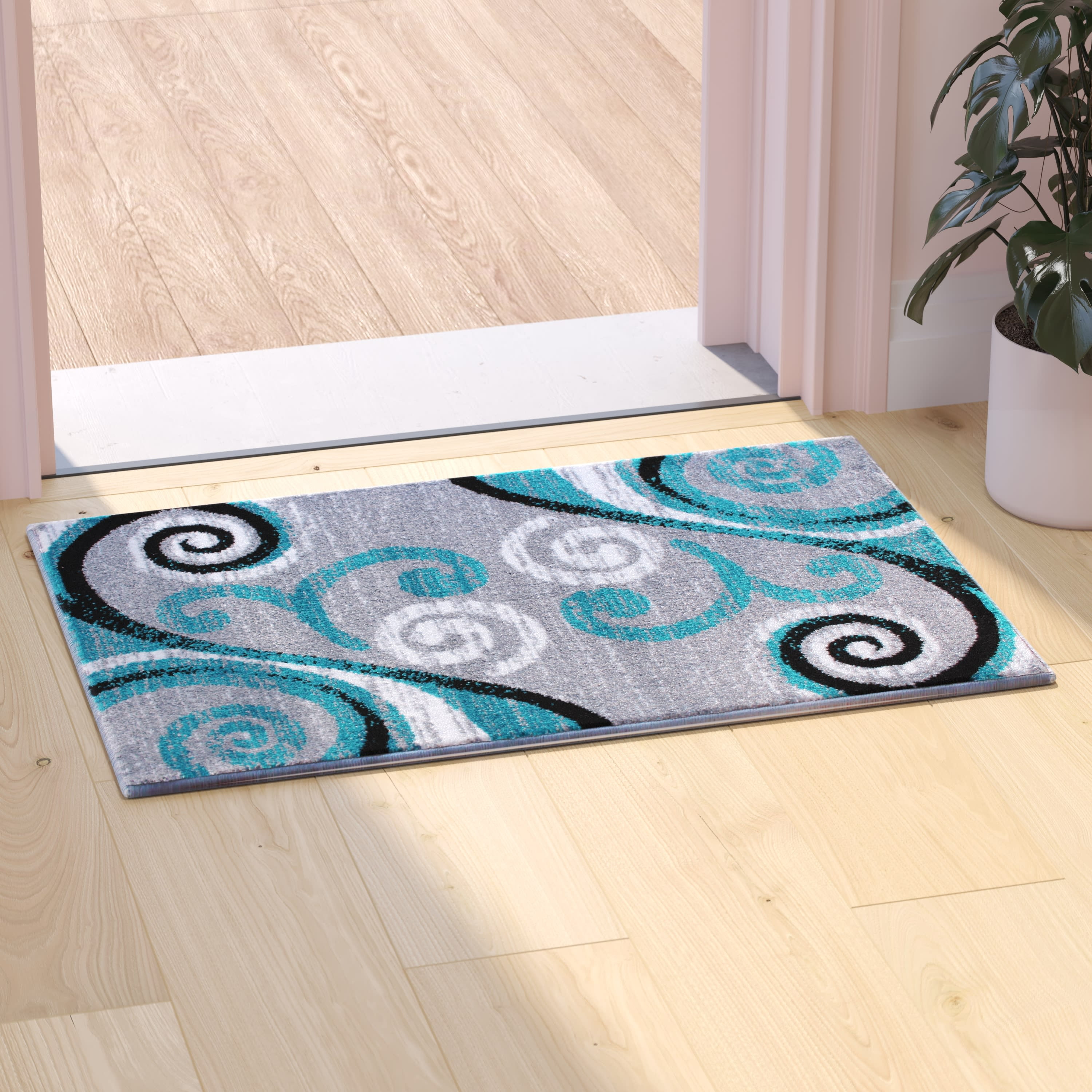 Flash Furniture Willow Collection Modern High-Low Pile Swirled 6x6 Round Turquoise Area Rug - OL