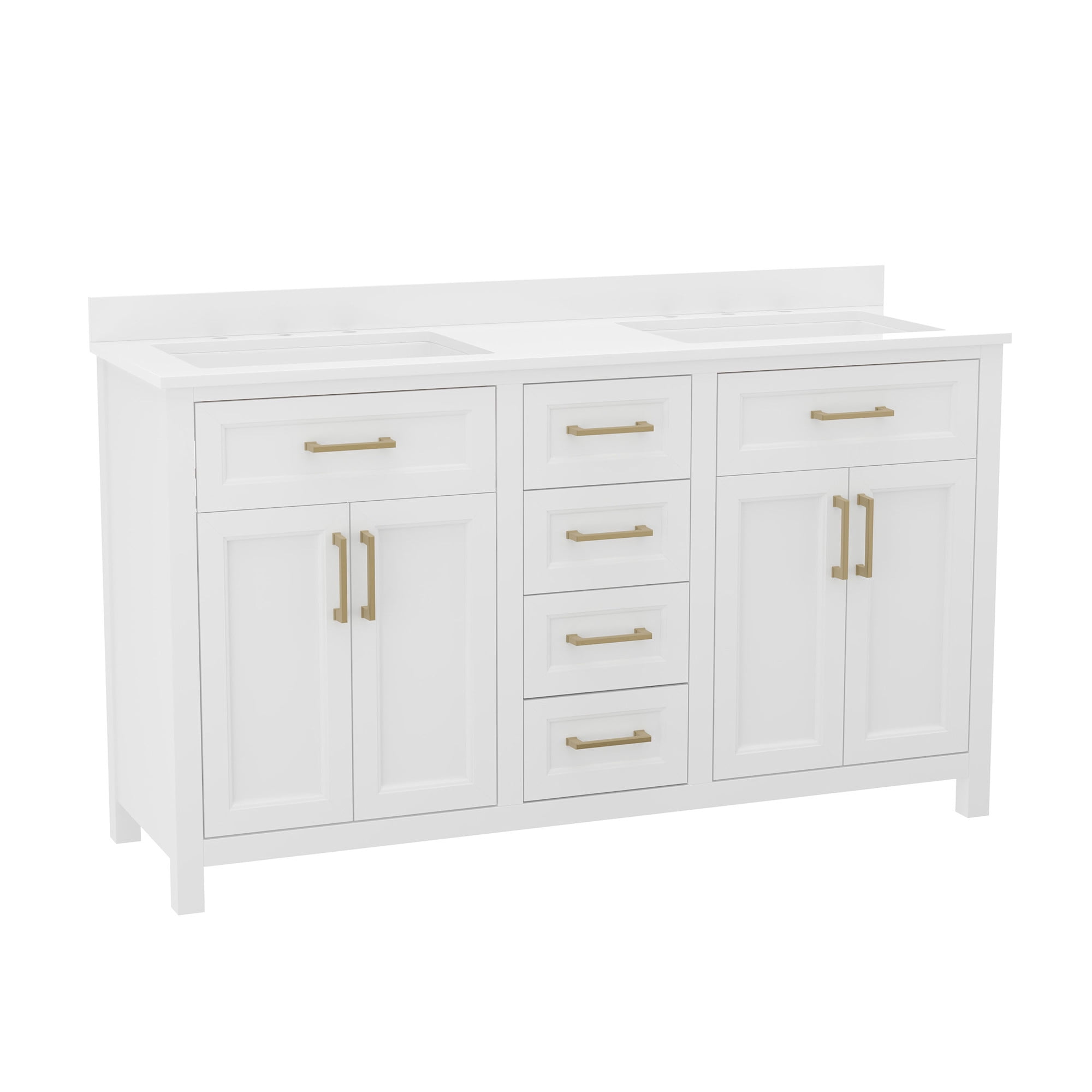 White Double Bathroom Vanity with Gold Hardware and Marble Top