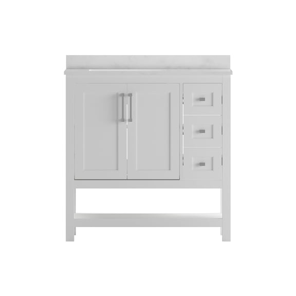 Flash Furniture 36 Inch Bathroom Vanity with Sink, Storage Cabinet with Soft Close Doors, Open Shelf and 3 Drawers, Carrara Marble Finish Countertop, White/White