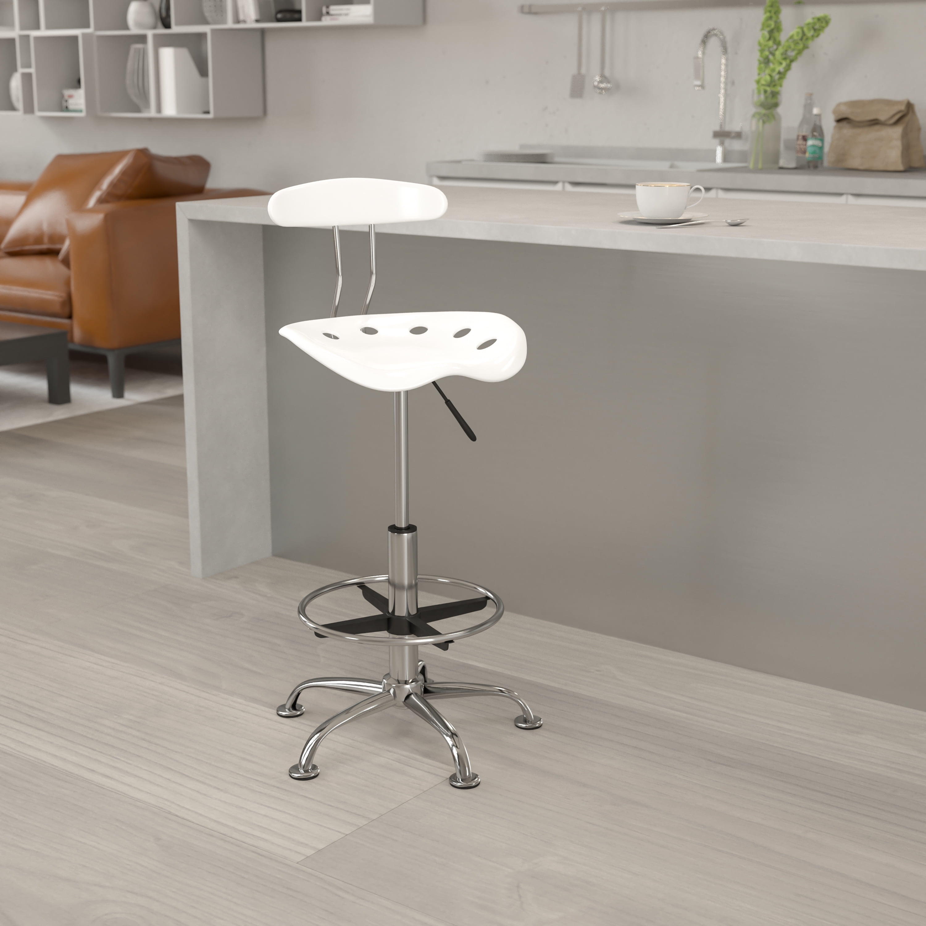 Flash Furniture Vibrant White and Chrome Drafting Stool with Tractor Seat