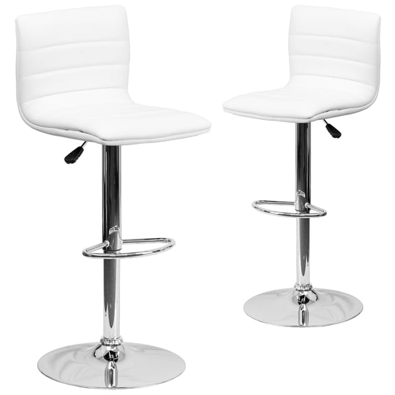 Flash Furniture Vincent 2 Pack Modern White Vinyl Adjustable Bar Stool with Back, Counter Height Swivel Stool with Chrome Pedestal Base