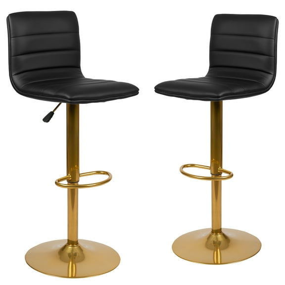 Flash Furniture Vincent Modern Black Vinyl Adjustable Bar Stool with Back, Counter Height Swivel Stool with Gold Pedestal Base, Set of 2