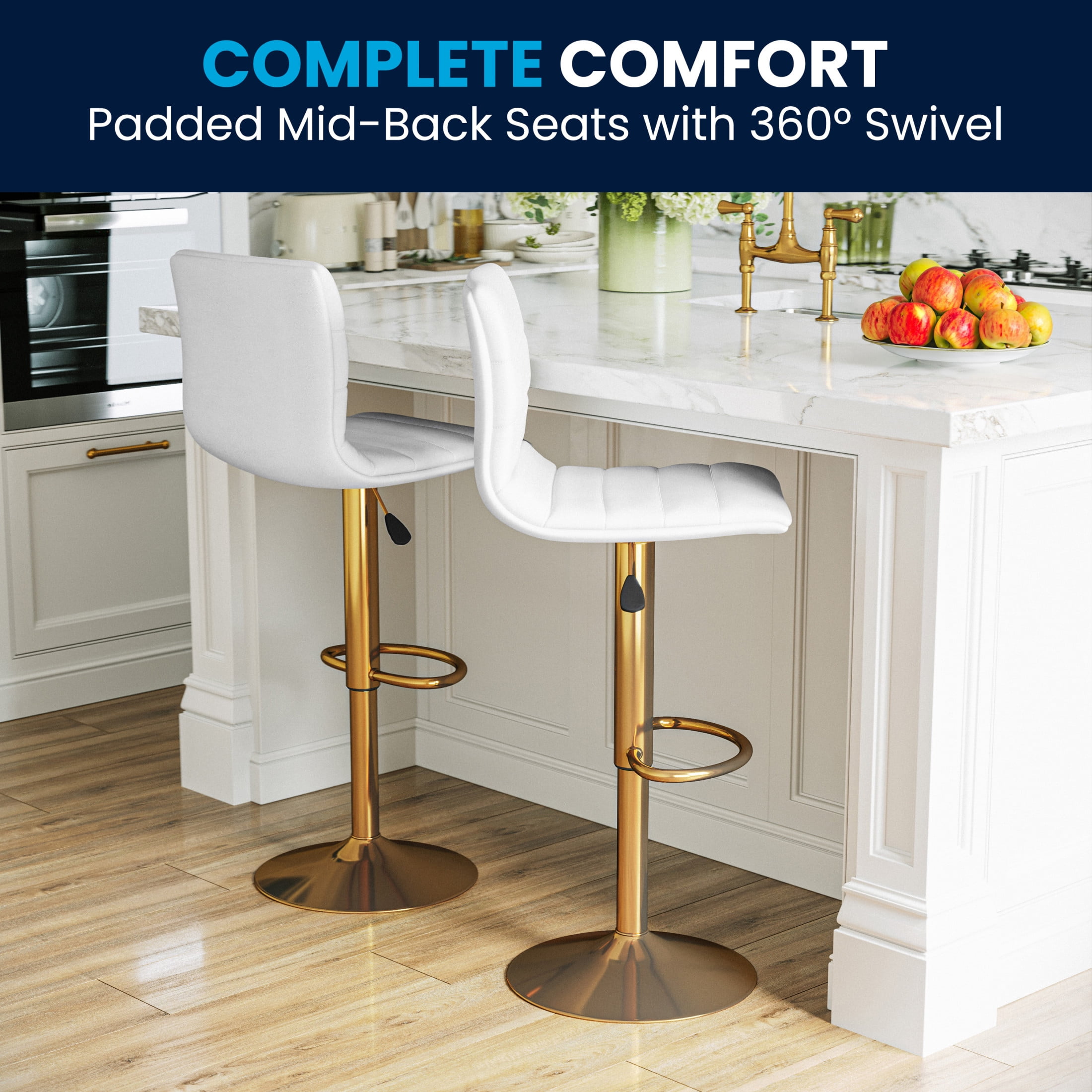 Modern White Vinyl Adjustable Swivel Bar Stools with Gold Base, Set of 2