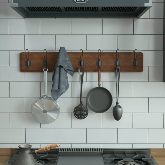 Flash Furniture Wall Mounted 34 Inch Rustic Brown Solid Pine Wood Storage Rack with 7 Hooks For Entryway, Kitchen, Bathroom